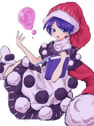 Rule 34 | 1girl, absurdres, blob, blue eyes, blue hair, blush stickers, book, capelet, commentary request, doremy sweet, dream soul, hat, highres, holding, holding book, looking at viewer, mugi (mugimugi 9kv), nightcap, pom pom (clothes), red hat, smile, solo, tail, tapir tail, touhou, white background