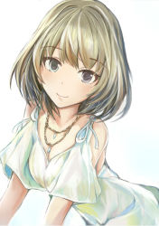 Rule 34 | 10s, 1girl, arched back, blue eyes, breasts, brown hair, cleavage, closed mouth, dress, green eyes, heterochromia, idolmaster, idolmaster cinderella girls, jewelry, looking at viewer, mole, mole under eye, nannacy7, necklace, off-shoulder dress, off shoulder, out of frame, short hair, simple background, smile, solo, takagaki kaede, white background