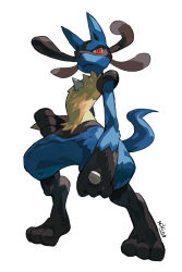 Rule 34 | commentary, creatures (company), english commentary, full body, furry, game freak, gen 4 pokemon, gift art, looking at viewer, lucario, niking, nintendo, pokemon, pokemon (creature), red eyes, signature, simple background, solo, standing, white background