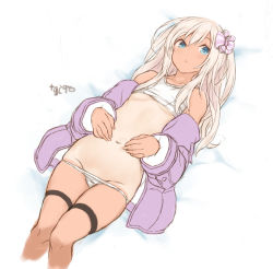 Rule 34 | 1girl, :&lt;, absurdres, blonde hair, blue eyes, breasts, collarbone, cropped legs, duplicate, fingernails, goekawa, groin, hair between eyes, highres, jacket, kantai collection, long hair, long sleeves, navel, one-hour drawing challenge, one-piece swimsuit, one-piece tan, purple jacket, ro-500 (kancolle), small breasts, solo, sports bra, swimsuit, tan, tanline, white one-piece swimsuit