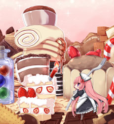 Rule 34 | 1girl, apron, cake, candle, candy, candy cane, checkerboard cookie, chewing gum, chibi, chocolate, cookie, dress, fire, food, fork, fruit, gozen shinshi, highres, in food, long hair, long sleeves, mini person, minigirl, oreo, original, pancake, pink hair, profile, purple eyes, solo, strawberry, strawberry shortcake, syrup, very long hair