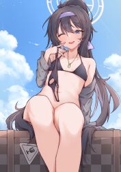 Rule 34 | 1girl, absurdres, airenif, bikini, bikini top only, black bikini, black hair, blue archive, blush, bottomless, breasts, cardigan, crossed legs, grey cardigan, hair between eyes, hairband, halo, high ponytail, highres, holding, holding clothes, holding swimsuit, jewelry, long hair, looking at viewer, navel, necklace, o-ring, o-ring bottom, o-ring top, official alternate costume, one eye closed, open cardigan, open clothes, open mouth, ponytail, purple hairband, sitting, small breasts, smile, solo, string bikini, suitcase, sweatdrop, swimsuit, ui (blue archive), ui (swimsuit) (blue archive), unworn bikini bottom, very long hair
