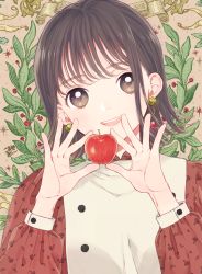 Rule 34 | 1girl, apple, berry, brown eyes, brown hair, buttons, dress, earrings, floral print, food, fruit, hands up, head tilt, holding, holding food, holding fruit, jewelry, long sleeves, looking at viewer, matching hair/eyes, mosuko, open mouth, original, plant, short hair, smile, solo, upper body