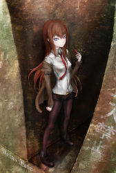 Rule 34 | 1girl, ant (fenixant), blue eyes, brown hair, from above, jacket, pantyhose under shorts, long hair, looking up, makise kurisu, off shoulder, pantyhose, shirt, shorts, solo, standing, steins;gate, wall, white shirt