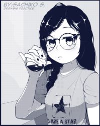 Rule 34 | 1girl, braid, character request, copyright request, cup, drinking glass, glasses, highres, holding, holding cup, long hair, monochrome, sachiko shirayuki, shirt, solo, star (symbol), tagme