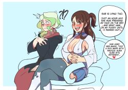 Rule 34 | 2girls, aged up, blonde hair, blush, brown hair, couch, covered erect nipples, diana cavendish, embarrassed, english text, hentaly, highres, interlocked fingers, kagari atsuko, light green hair, little witch academia, long hair, miniskirt, multicolored hair, multiple girls, open mouth, red eyes, revealing clothes, sitting, skirt, smile, thighhighs, two-tone hair