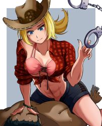 Rule 34 | 1boy, 1girl, abs, alternate costume, bikini, blonde hair, blue eyes, bracelet, breasts, capcom, clothed female nude male, covering own mouth, cowboy hat, cuffs, curvy, denim, denim shorts, faceless, faceless male, final fight, final fight 3, gagged, gagged male, hand gagged, hand over another&#039;s mouth, hand over another's mouth, handcuffs, hassaku tg, hat, interracial, jewelry, large breasts, lucia morgan, nude, open clothes, plaid, plaid shirt, ponytail, shirt, shorts, smile, straddling, street fighter, street fighter v, swimsuit, swimsuit under clothes, thighs, tied shirt, toned, underboob