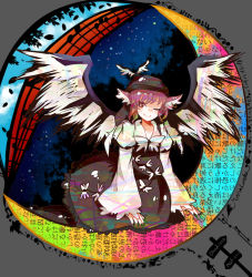 Rule 34 | 1girl, animal ears, bad id, bird, bird wings, blush, character name, circle, crescent, dress, earrings, female focus, hat, itomugi-kun, jewelry, musical note, mystia lorelei, one eye closed, pink hair, red eyes, round image, rumia, short hair, silhouette, smile, solo, touhou, wings, wink, wriggle nightbug