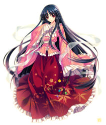 Rule 34 | 1girl, black hair, blunt bangs, branch, female focus, floral print, frills, gathers, houraisan kaguya, japanese clothes, jeweled branch of hourai, long hair, red eyes, riv (rivleaf), shawl, smile, solo, touhou, very long hair, wide sleeves