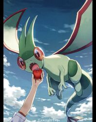 Rule 34 | animal focus, antennae, apple, artist name, blue sky, claws, cloud, colored skin, creatures (company), eating, fangs, floating, flygon, food, fruit, game freak, gen 3 pokemon, green skin, highres, kaminokefusa, nintendo, open mouth, pillarboxed, pokemon, pokemon (creature), sky, tail, wings