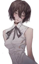 Rule 34 | 1girl, absurdres, arms behind back, bare arms, black choker, black hair, black ribbon, blood, blood on face, blush, breasts, chainsaw man, choker, collared shirt, green eyes, hair between eyes, head tilt, highres, looking at viewer, medium breasts, neck ribbon, nose blush, qingshu, red lips, reze (chainsaw man), ribbon, shirt, short hair, simple background, sleeveless, sleeveless shirt, solo, upper body, white background, white shirt