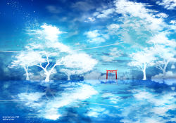 Rule 34 | advarcher, artist name, artistic error, bad reflection, blue sky, blue theme, cloud, highres, no humans, original, reflection, reflective water, ripples, scenery, sky, torii, tree, water world, white tree