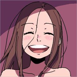 Rule 34 | 1girl, ammonio, bare shoulders, blush, brown hair, closed eyes, grin, hair between eyes, long hair, lowres, open mouth, original, simple background, smile, solo