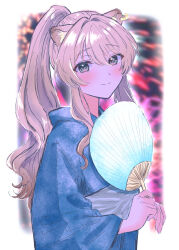 Rule 34 | 1girl, absurdres, animal ears, blue kimono, blurry, blurry background, blush, brown hair, closed mouth, commentary request, ear piercing, fireworks, grey eyes, hand fan, highres, holding, holding fan, japanese clothes, kimono, lion ears, long hair, long sleeves, looking at viewer, noripro, obi, piercing, ponytail, regrush lionheart, sash, smile, solo, twitter username, upper body, virtual youtuber, white background, yuri kyanon