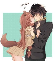 Rule 34 | 1boy, 1girl, animal ear fluff, animal ears, artist request, blush, brown hair, brown sweater, character request, closed eyes, closed mouth, copyright request, hair between eyes, hand on another&#039;s shoulder, hetero, iwatani naofumi, long hair, nose blush, raccoon ears, raccoon girl, raphtalia, ribbed sweater, source request, sweater, tate no yuusha no nariagari, upper body, very long hair