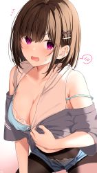 Rule 34 | 1girl, bad id, bad pixiv id, black pantyhose, blue bra, blush, bra, breasts, brown hair, cleavage, commentary request, denim, denim shorts, grey shirt, hair ornament, hairclip, highres, large breasts, looking at viewer, medium hair, navel, open mouth, original, pantyhose, ramchi, shirt, short sleeves, shorts, sidelocks, simple background, strap slip, sweat, underwear, white background, x hair ornament