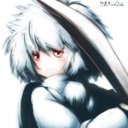 Rule 34 | 1girl, artist name, bad id, bad pixiv id, inubashiri momiji, inunoko., looking away, pom pom (clothes), red eyes, short hair, simple background, solo, sword, touhou, weapon, white background, white hair