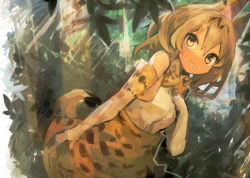 Rule 34 | 1girl, :3, absurdres, animal ears, bare shoulders, blonde hair, bow, bowtie, breasts, dutch angle, elbow gloves, foliage, gloves, hair between eyes, hand on own chest, high-waist skirt, highres, kaamin (mariarose753), kemono friends, long hair, looking at viewer, medium breasts, multicolored hair, outdoors, serval (kemono friends), serval print, shirt, sidelocks, skirt, solo, streaked hair, sunlight, tail, traditional bowtie, tree, white shirt, yellow eyes