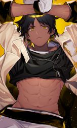 Rule 34 | 1boy, abs, arknights, arms up, black hair, black shirt, blonde hair, braid, clothes lift, coat, dark-skinned male, dark skin, frown, gloves, highres, jacket, jewelry, light particles, looking at viewer, male focus, mtk (souko), multicolored hair, navel, necklace, open clothes, open coat, open jacket, shirt, shirt lift, short hair, shorts, side braid, simple background, single braid, solo, streaked hair, thorns (arknights), tooth necklace, upper body, white gloves, white shorts, yellow background, yellow eyes
