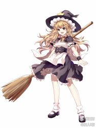 Rule 34 | 1girl, :d, apron, black capelet, black hat, black skirt, blonde hair, bobby socks, bow, braid, broom, capelet, collared shirt, frilled hat, frilled skirt, frills, full body, hair bow, hat, hat ornament, high-waist skirt, highres, holding, holding broom, kirisame marisa, legs apart, long hair, looking at viewer, mary janes, neck ribbon, open mouth, puffy short sleeves, puffy sleeves, red bow, red ribbon, ribbon, shirt, shoes, short sleeves, simple background, single braid, skirt, smile, socks, solo, star (symbol), star hat ornament, touhou, v-shaped eyebrows, waist apron, watermark, white apron, white background, white shirt, white socks, wing collar, witch hat, wristband, yellow eyes, youren ljun