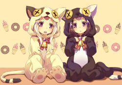 Rule 34 | 2girls, 54hao, :o, animal costume, animal ears, arm support, bell, black hair, bow, brown eyes, cat costume, cat ears, cat tail, commentary request, doughnut, food, hair ornament, head tilt, highres, ice cream, long hair, long sleeves, looking at viewer, multiple girls, open mouth, original, parted lips, red bow, siblings, sisters, sitting, sleeves past wrists, soft serve, striped, striped bow, tail, teeth, twins, upper teeth only, wariza, white hair, x hair ornament