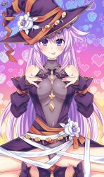 Rule 34 | 1girl, :p, adult neptune, alternate costume, ass, bare legs, bare shoulders, blush, breasts, closed mouth, covered navel, detached sleeves, dress, flower, hair between eyes, hands on own chest, happy halloween, hat, hat flower, heart, heart background, highres, lewdkuma, long hair, medium breasts, neptune (series), panties, purple dress, purple eyes, purple hair, purple panties, see-through, smile, solo, spread legs, squatting, tongue, tongue out, underwear, very long hair, witch hat