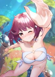 Rule 34 | ;t, absurdres, air bubble, atelier (series), atelier sophie, bikini, breasts, brown eyes, bubble, blowing bubbles, cleavage, highres, jewelry, large breasts, necklace, red hair, short hair, sophie neuenmuller, submerged, swimming, swimsuit, underwater, water, white bikini