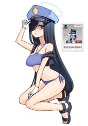 Rule 34 | 1girl, 28 (282teeth), absurdres, alternate costume, blue archive, game screenshot inset, gloves, halo, hat, highres, long hair, looking at viewer, navel, police, police hat, police uniform, policewoman, sandals, solo, swimsuit, uniform, valkyrie police academy student (blue archive), valkyrie police academy student (sr) (blue archive), white background