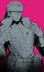 Rule 34 | 1boy, abs, blood, blush, male focus, metal gear (series), metal gear solid, monochrome, muscular, norasame (dagako), pectorals, scar, sneaking suit, solid snake, solo, sweat, tagme, undressing