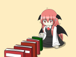 Rule 34 | &gt;:), 1girl, bat wings, blush, book, commentary request, dominos, dress shirt, excited, head wings, index finger raised, koakuma, long hair, long sleeves, necktie, red eyes, red hair, red necktie, shirt, sidelocks, simple background, skirt, skirt set, skycream, smile, solo, sweatdrop, touhou, trembling, v-shaped eyebrows, vest, white shirt, wide sleeves, wings, yellow background