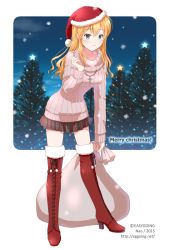 Rule 34 | 1girl, artist name, bag, blonde hair, blue eyes, boots, christmas tree, cross, cross-laced footwear, full body, hat, high heel boots, high heels, jewelry, knee boots, lace-up boots, leaning forward, merry christmas, miniskirt, nao (nao eg), necklace, original, plaid, plaid skirt, pleated skirt, ribbed sweater, santa hat, skirt, snowing, solo, star (symbol), sweater, turtleneck, turtleneck sweater, watermark, web address
