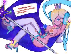 Rule 34 | 1girl, alternate costume, armpits, arms behind head, arms up, blonde hair, blue eyes, blue lips, breasts, bridal legwear, clothing cutout, collarbone, crown, detached sleeves, earrings, elbow gloves, functionally nude, gloves, hair over one eye, high heels, holding, jewelry, large breasts, lips, loincloth, long hair, looking at viewer, luma (mario), mario (series), navel, navel cutout, nintendo, rosalina, solo, star (symbol), subway sum, super mario bros. 1, super mario galaxy, thighhighs, toe ring, toeless legwear, wand, white background