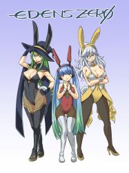 Rule 34 | 3girls, animal ears, bare shoulders, black gloves, black legwear, blue background, blue eyes, blue hair, boots, breasts, cape, cat ears, cleavage, closed mouth, copyright name, covered navel, crossed arms, detached collar, eden&#039;s zero, facial mark, fake animal ears, fake tail, gloves, gradient background, green eyes, green hair, grin, hair between eyes, hand on headwear, hand on own hip, hat, headphones, hermit mio, high heels, highres, knees together feet apart, large breasts, leotard, long hair, looking at viewer, mashima hiro, medium breasts, multicolored hair, multiple girls, official art, pantyhose, playboy bunny, rabbit ears, rabbit tail, shoes, silver hair, sister ivry, smile, standing, tail, thigh boots, thigh gap, thighhighs, thighs, twintails, two-tone hair, very long hair, white legwear, witch (eden&#039;s zero), witch hat, witch regret, wrist cuffs, yellow footwear