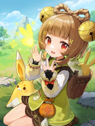 Rule 34 | 1girl, :d, bag, basket, bell, blue sky, blunt bangs, blush, bow, bow-shaped hair, braid, brown eyes, brown hair, bush, cloud, commentary request, day, dress, eyelashes, genshin impact, grass, green jacket, hair bell, hair ornament, hands up, highres, jacket, jingle bell, long sleeves, looking at viewer, mountain, open mouth, outdoors, pocket, pouch, puffy sleeves, rabbit, red bow, rock, ryu arashi68, seiza, sidelocks, sitting, sky, sleeveless, sleeveless jacket, smile, solo, tassel, tree, yaoyao (genshin impact), yuegui (genshin impact)
