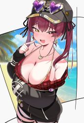 Rule 34 | 1girl, arm under breasts, baseball cap, bikini, black hat, black jacket, black ribbon, blush, breasts, cleavage, earrings, eyewear on head, gold earrings, gold necklace, grey shorts, hair ribbon, hat, heart, heart-shaped eyewear, heart earrings, heart necklace, highres, hololive, houshou marine, houshou marine (summer), hutaba haru, jacket, jewelry, large breasts, long hair, looking at viewer, necklace, o-ring, o-ring thigh strap, official alternate costume, open mouth, red bikini, red eyes, red hair, red jacket, ribbon, shorts, smile, solo, sunglasses, swimsuit, thigh strap, twintails, two-sided fabric, two-sided jacket, virtual youtuber, yellow eyes