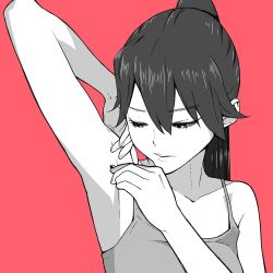 Rule 34 | 10s, 1girl, arm up, armpits, commentary request, female focus, highres, houshou (kancolle), kantai collection, long hair, looking at hand, monochrome, ponytail, shaving, simple background, solo, spaghetti strap, tank top, tocky