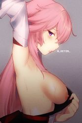 Rule 34 | 1girl, arm up, armpits, breasts, clothes pull, detached sleeves, detos, highres, nipples, pink hair, shirt pull, sideboob, wet, yae miko
