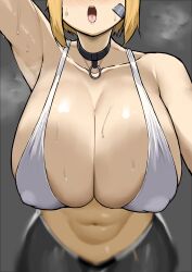 Rule 34 | 1girl, :d, bandaid, bandaid on cheek, bandaid on face, black gloves, blurry, blush, breasts, choker, cleavage, collarbone, depth of field, gloves, goddess of victory: nikke, goma., green eyes, hanging breasts, highleg, holding, huge breasts, leaning forward, maxwell (nikke), midriff, navel, open mouth, orange hair, short hair, sidelocks, smile, sports bra, steaming body, towel, two-tone gloves, white sports bra