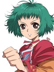 Rule 34 | 1girl, black eyes, choker, clenched hand, commentary request, farah oersted, green hair, highres, looking at viewer, red choker, shirako (kirupi), short hair, simple background, solo, tales of (series), tales of eternia, white background