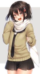 Rule 34 | &gt;:d, 10s, 1girl, :d, black hair, black neckerchief, black skirt, brown eyes, cardigan, cowboy shot, hair ornament, hairclip, kantai collection, keita (tundereyuina), long sleeves, neckerchief, necktie, open mouth, pleated skirt, scarf, sendai (kancolle), sendai kai ni (kancolle), skirt, sleeves past wrists, smile, solo, standing, twintails, two side up, v-shaped eyebrows, white scarf