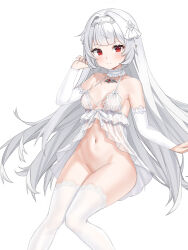 Rule 34 | 1girl, babydoll, bottomless, breasts, choker, closed mouth, collarbone, commission, detached sleeves, frilled choker, frills, grey hair, hairband, hand up, hei yu wu shen, invisible chair, jewelry, lingerie, long hair, long sleeves, looking at viewer, medium breasts, navel, necklace, original, pointy ears, red eyes, see-through, sitting, smile, solo, stomach, thighhighs, underwear, underwear only, very long hair, white hairband, white thighhighs