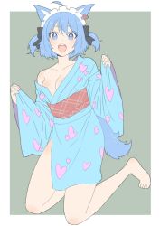 Rule 34 | 1girl, nanashi inc., absurdres, ahoge, animal ears, animare, bad id, bad twitter id, bare shoulders, black bow, blue eyes, blue hair, blue kimono, bow, breasts, cat ears, cat tail, cleavage, dog ears, dog tail, donguri suzume, full body, heart, heart print, highres, japanese clothes, kimono, kneeling, looking at viewer, maid headdress, medium breasts, off shoulder, open mouth, sleeves past wrists, smile, solo, souya ichika, tail, two side up, virtual youtuber, wide sleeves