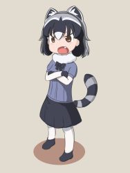 Rule 34 | 10s, animal ears, black hair, bow, bowtie, commentary request, common raccoon (kemono friends), crossed arms, elbow gloves, fang, fur collar, gloves, grey hair, highres, kemono friends, open mouth, pantyhose, piwahunu, pleated skirt, puffy short sleeves, puffy sleeves, raccoon ears, raccoon tail, short hair, short sleeves, skirt, solo, tail, white hair