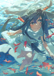 Rule 34 | 1girl, barefoot, black hair, blue eyes, closed mouth, commentary request, dress, fish, full body, highres, light blush, light purple hair, long hair, looking at viewer, original, potg (piotegu), short sleeves, solo, underwater, white dress