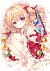 Rule 34 | 1girl, bare legs, barefoot, blonde hair, bow, closed mouth, crystal, dot mouth, dot nose, flandre scarlet, floral background, flower, frilled shirt collar, frilled skirt, frilled sleeves, frills, full body, hair between eyes, hair bow, looking at viewer, medium hair, mimi (mimi puru), multicolored wings, no headwear, one side up, pink background, pink flower, pink rose, pointy ears, puffy short sleeves, puffy sleeves, red bow, red eyes, red skirt, red vest, rose, rose background, shirt, short sleeves, skirt, skirt set, solo, touhou, vest, white shirt, wings