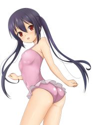 Rule 34 | 1girl, absurdres, ass, black hair, blush, brown eyes, frilled swimsuit, frills, highres, k-on!, long hair, looking back, nakano azusa, one-piece swimsuit, open mouth, pink one-piece swimsuit, solo, swimsuit, twintails, white background, yasuc