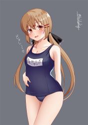 Rule 34 | 1girl, alternate costume, arms behind back, black bow, blue one-piece swimsuit, blush, bow, breasts, brown eyes, brown hair, covered navel, cowboy shot, grey background, hair between eyes, hair bow, hair ornament, hairclip, highres, ishida arata, kantai collection, long hair, low twintails, medium breasts, name tag, one-piece swimsuit, open mouth, school swimsuit, solo, swimsuit, tashkent (kancolle), twintails, twitter username