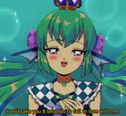 Rule 34 | 1990s (style), 1girl, blue bow, bow, commentary, crown, english commentary, english text, finana ryugu, finana ryugu (1st costume), fins, fish girl, flower, green hair, hair flower, hair ornament, half-closed eyes, hand on own chest, head fins, long hair, melty (meltyveil), monster girl, neck tattoo, nijisanji, nijisanji en, purple eyes, purple flower, retro artstyle, solo, subtitled, tattoo, virtual youtuber