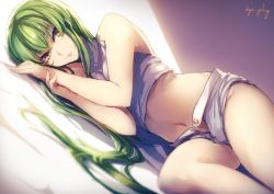 Rule 34 | 1girl, bare shoulders, blonde hair, c.c., code geass, crop top, dutch angle, genyaky, gradient background, green hair, long hair, lying, navel, on side, open fly, short shorts, shorts, solo, stomach, twitter username, very long hair, yellow eyes
