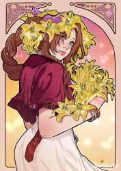 Rule 34 | 1girl, aerith gainsborough, art nouveau, bracelet, braid, breasts, brown hair, cropped jacket, dress, final fantasy, final fantasy vii, final fantasy vii remake, flower, green eyes, hair ribbon, head wreath, highres, holding, holding flower, jacket, jewelianism, jewelry, lily (flower), long hair, looking at viewer, medium breasts, parted bangs, pink dress, pink ribbon, red jacket, ribbon, short sleeves, sidelocks, smile, solo, square enix, yellow flower